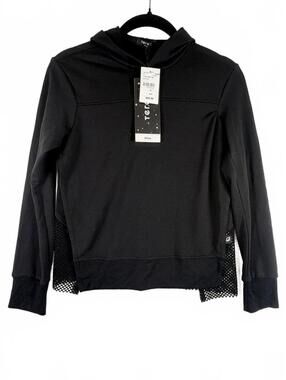 NEW Terez Girls Black Long Sleeve Hoodie Sweatshirt Fishnet Mesh Panels Sz Small